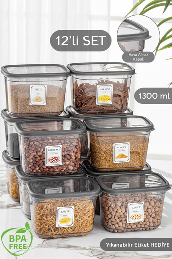 Meleni Home 12 Pieces Labeled Daisy Rectangular Storage Container Set Microwave and Freezer Compatible 12x1300 ml Spice Bowl