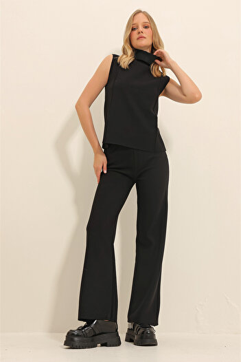 Trend Alaçatı Stili Women's Black Turtleneck Front Stitched Thessaloniki Knitted Knitwear Trousers Sweater Suit ALC-X11302