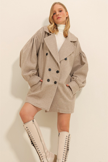 Trend Alaçatı Stili Women's Stone Double Breasted Collar Balloon Sleeve Stash Coat ALC-X10913