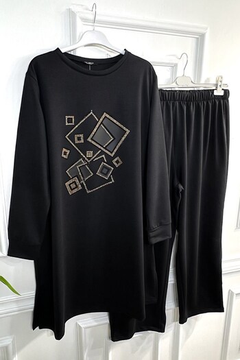 Aşkı Endam Plus Size Yasmin Leather Detailed Square Stone Two Thread Combed Cotton Double Set - Black