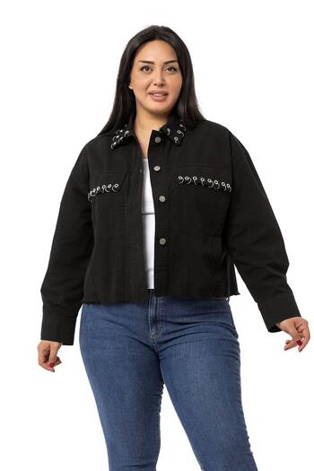 DISENTIS MODEST Large Size Black Jacket with Flap Pocket Skirt and Dirty Stitching Metal Accessories