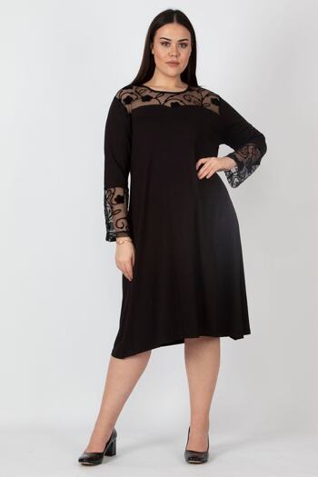 Şans Women's Large Size Black Lace Detailed Dress 65n16219