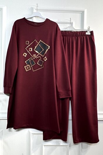 Aşkı Endam Plus Size Yasmin Leather Detailed Square Stone Two Thread Combed Cotton Double Set - Claret Red