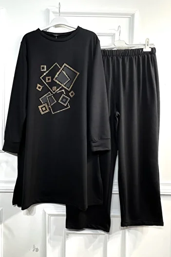 Aşkı Endam Plus Size Yasmin Leather Detailed Square Stone Two Thread Combed Cotton Double Set - Black