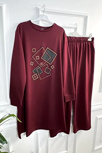 Aşkı Endam Plus Size Yasmin Leather Detailed Square Stone Two Thread Combed Cotton Double Set - Claret Red