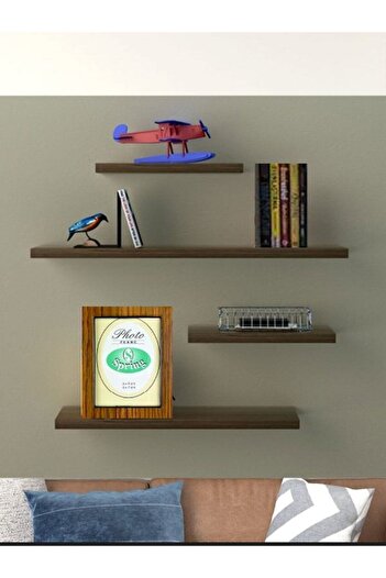 Egecan Mobilya Walnut Flying Wall Shelf Set of 4 Hidden Shelf Bookcase Decor Shelf (40-30-20-20)