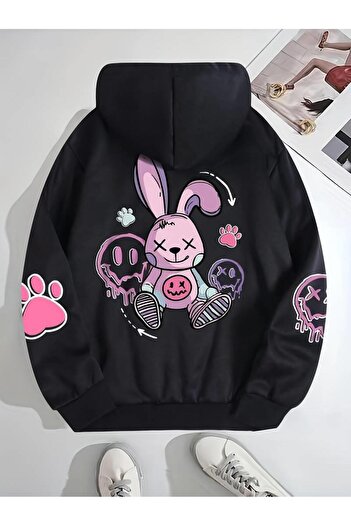 Touz Moda Світшот з капюшоном Street Wear Cartoon Rabbit Baskılı Oversize Unisex Siyah Kapşonlu Hoodie Sweatshirt