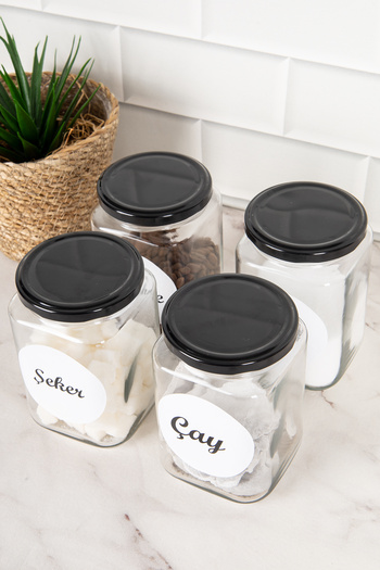 DNS HOME 4-Piece Black Metal Lids Labeled Tea Sugar Coffee Salt Jar Square Glass Storage Container 720ml