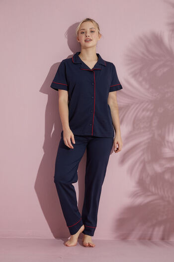PİJAMOOD Women's Navy Blue Short Sleeve Cotton Front Buttoned Piping Pajama Set