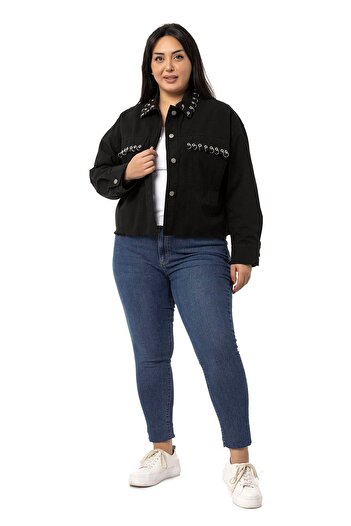 DISENTIS MODEST Large Size Black Jacket with Flap Pocket Skirt and Dirty Stitching Metal Accessories