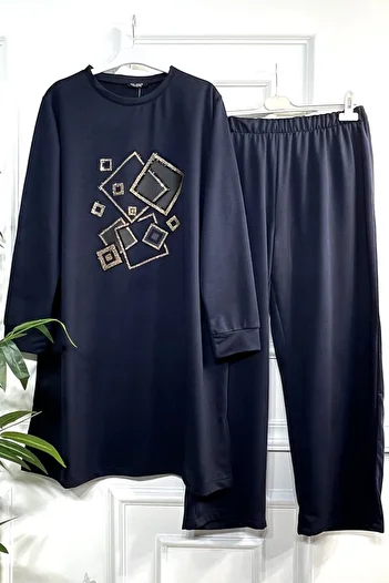 Aşkı Endam Plus Size Yasmin Leather Detailed Square Stone Two Thread Combed Cotton Double Set - Navy Blue
