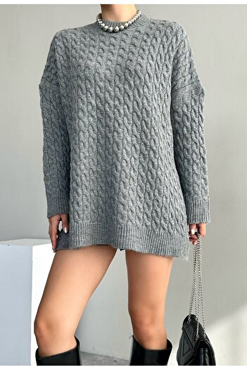 Laluvia Gray Hair Braid Detailed Crew Neck Slits on the Sides Sweater