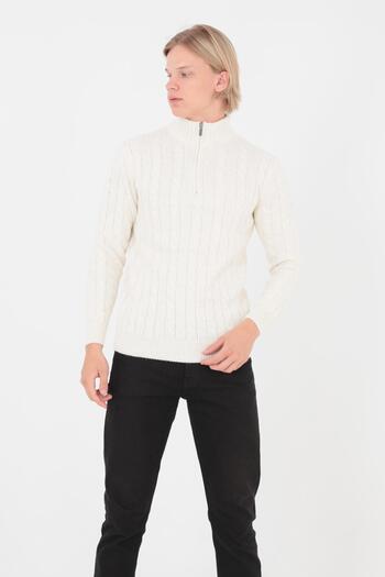 ELM WEAR Stand Collar Half Zipper Hair Knitted Sweater - Bone