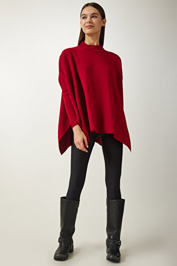 Happiness İstanbul Women's Red Stand-Up Collar Slit Knitwear Poncho Sweater ZA00074