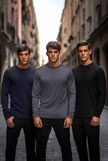 Trendyol Collection Fekete-tengerkék-antracit normál/normál szabású 3 csomag Basic 100% pamut Tok póló TMNAW21TS0197