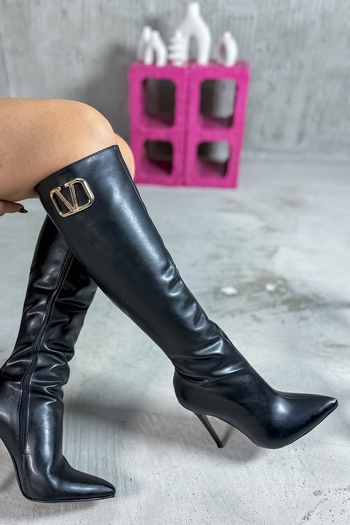 SHOEBELLAS Cizme de damă cu toc cu cataramă din piele neagră Minorka