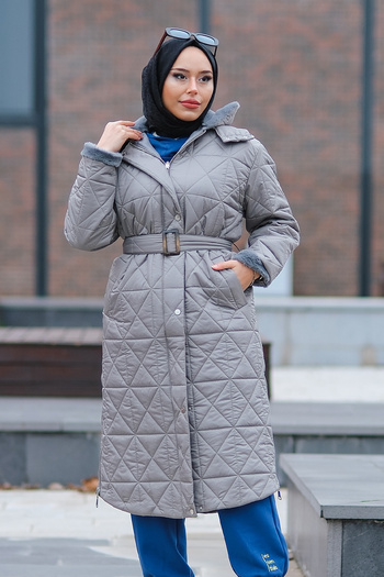 Minel Women's Gray Fur Detailed Belted Puffer Coat