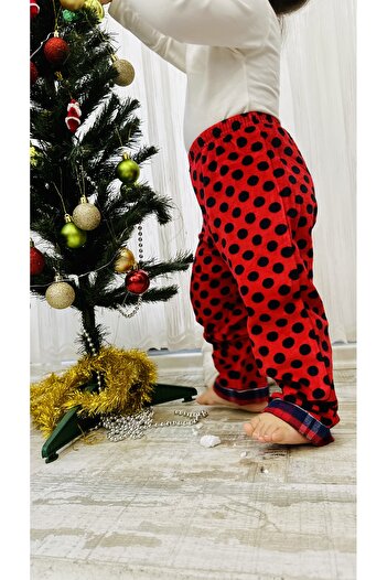 TD Collection Siyah Puantiyeli Paçası Ekoseli Kırmızı Kadife Kumaş Kız Çocuk Pantolon - Kız Bebek Pantolon