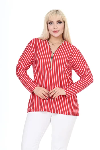 garajmood Red Striped Patterned Zippered Plus Size Blouse