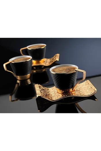 MOS'EV 12 Pieces Black Tea Set for 6 People with Gold Metal Plate