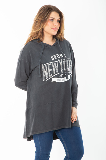 Şans Women's Large Size Smoked Sequin and Print Detailed Hooded Long Back Sweatshirt 65N37433