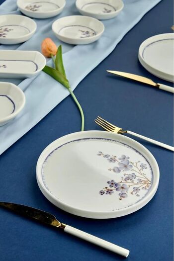 Sezka Life Violet Purple Leaf Patterned Luxury Ceramic 14 Piece Breakfast Set for 6 Persons, Breakfast set
