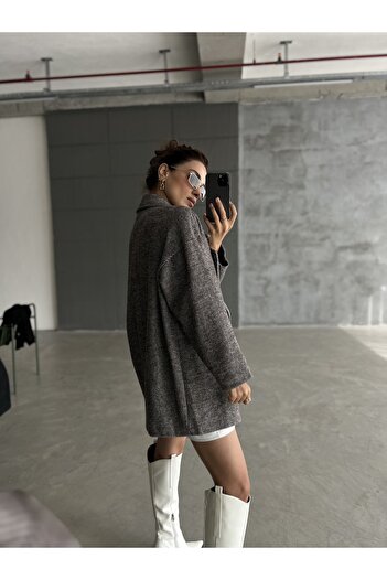 Laluvia Brown 1st Class Quality Herringbone Oversize Kaşe Coat