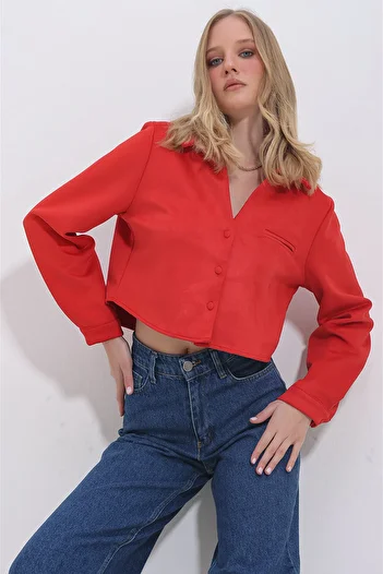 Trend Alaçatı Stili Női Red Flato zsebgombos Crop Nubuk dzseki ALC-X11399