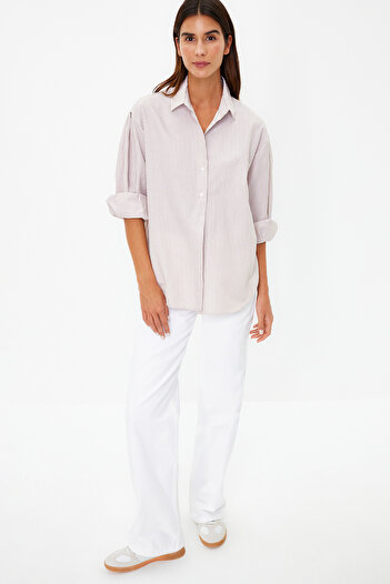 Trendyol Collection Beige Striped Oversize Woven Shirt - TWOSS23GO00144
