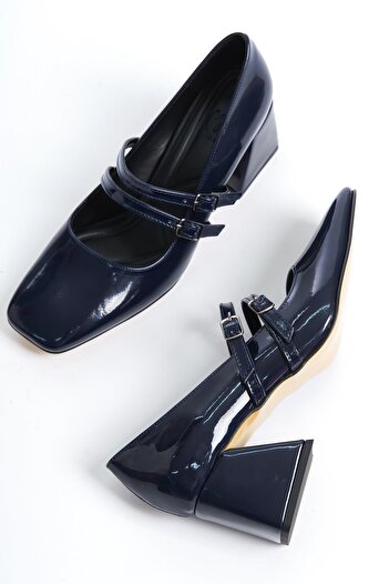 Modabuymus Culia Navy Blue Patent Leather Mary Jane Double Band Blunt Toe Heeled Shoes