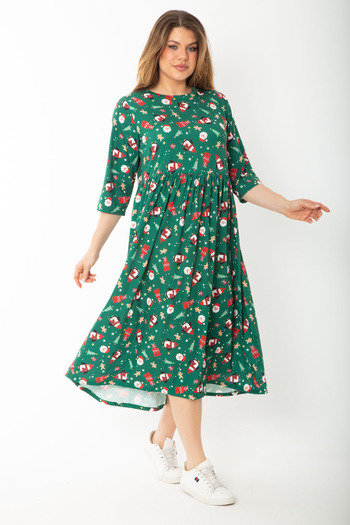 Şans Women's Plus Size Green Christmas Print Gathered Waist Capri Sleeve Dress 65N37427