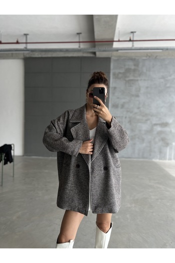 Laluvia Brown 1st Class Quality Herringbone Oversize Kaşe Coat