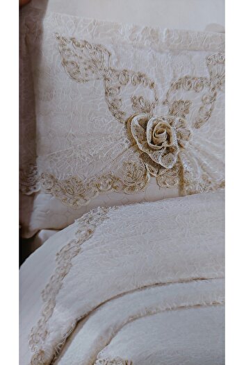 BALADI HOME High Quality Dowry Bed Cover - French Lace and Quilted, Set 4 Pieces