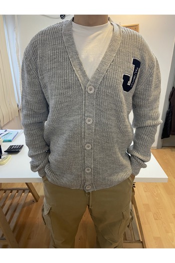 Tarz Cool Gray Men's Regular/Normal Cut V-Neck Buttoned Embroidered Cardigan