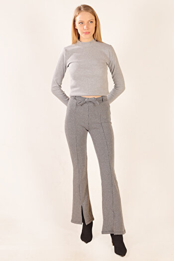 Avones Women's Interlock Jacquard Fabric Belted Slit Trousers
