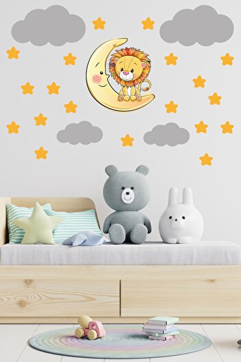 Tilki Dünyası Cute Lion Yellow Stars And Gray Clouds Decorative Baby Kids Room Wall Sticker