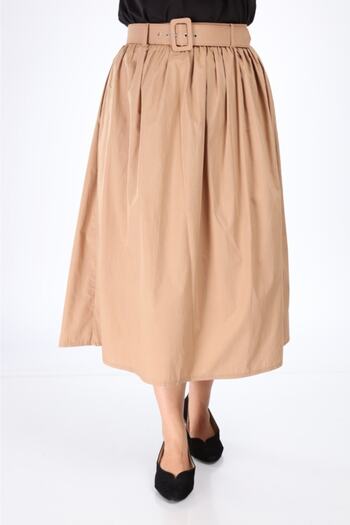 MJORA Women's Cream High Waist Belted Woven Skirt