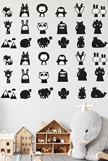 Tilki Dünyası Black Cute Animals Cactus and Clouds Wall Sticker