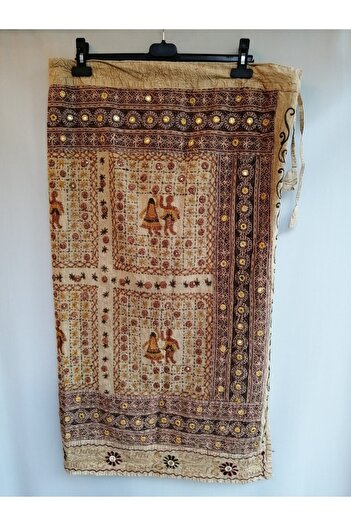 Butik Tülin Otantik Viskon Bej El Işi Iplik Nakışlı Aynalı Etek Hint Malı