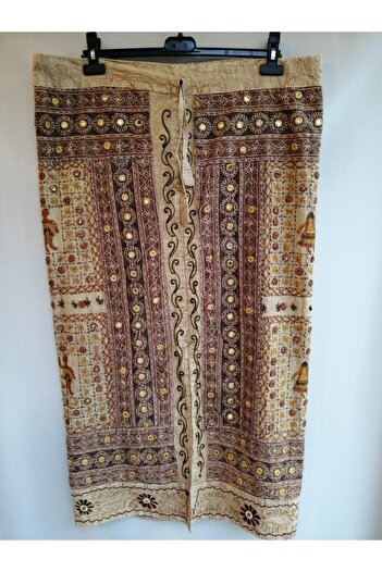 Butik Tülin Otantik Viskon Bej El Işi Iplik Nakışlı Aynalı Etek Hint Malı