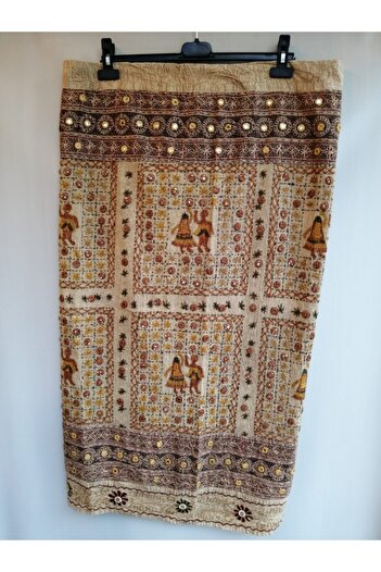 Butik Tülin Otantik Viskon Bej El Işi Iplik Nakışlı Aynalı Etek Hint Malı