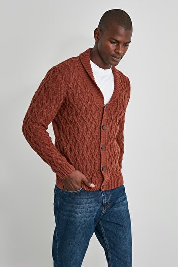 Trendyol Collection Men's Brick Color Shawl Collar Cardigan - Hair Knit Detail Tmnaw21Hi0320