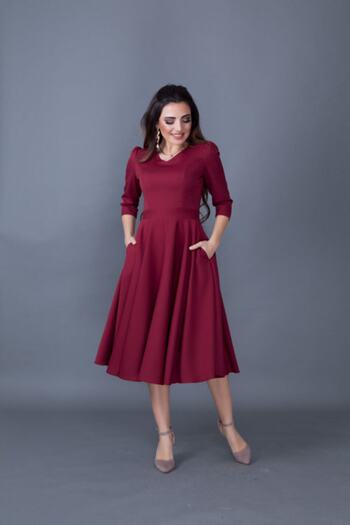 Bidoluelbise Women's Burgundy Midi Length Pocket Detailed V-Neck Dress