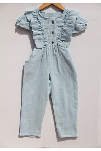 Botex Girl's Blue Double Layer Muslin Short Sleeve Jumpsuit