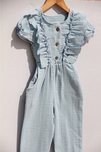 Botex Girl's Blue Double Layer Muslin Short Sleeve Jumpsuit
