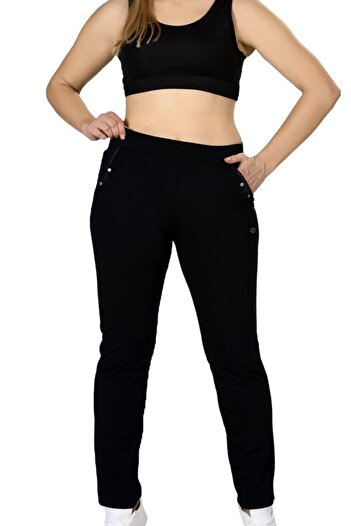 TRENDHİLL Women's Black Two Thread Straight Leg Pocket Classic Sports Plus Size Sweatpants Edy201903b
