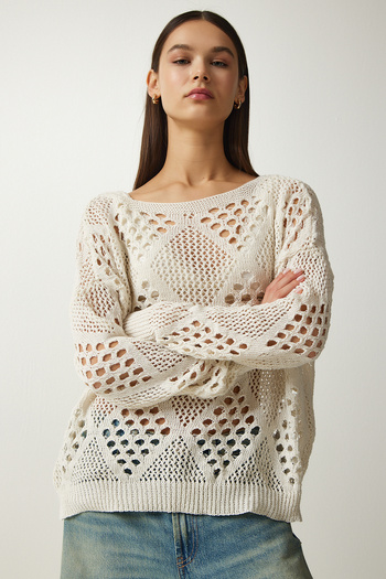 Happiness İstanbul Ecru durchbrochener Strickpullover für Damen EW00006