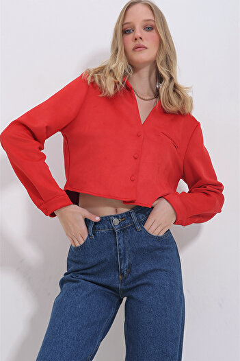 Trend Alaçatı Stili Női Red Flato zsebgombos Crop Nubuk dzseki ALC-X11399