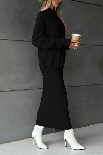Ortaya Çık Black Knitted Patterned Skirt Sweater Knitwear Set