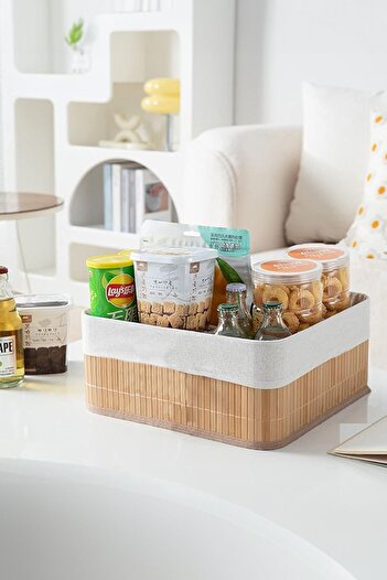 Meleni Home Decorative Bamboo Foldable Basket Organizer - Cabinet Shelf Organizer Square Storage Box 30 X 15cm